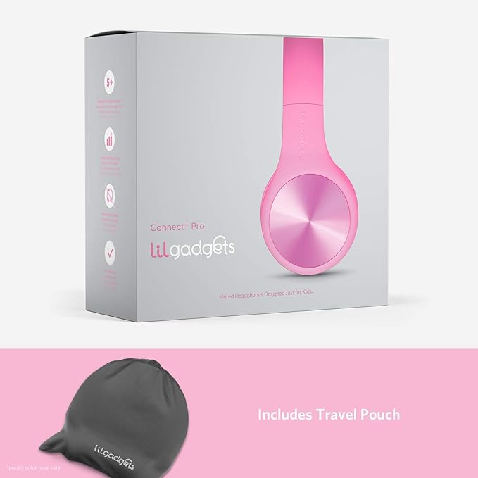 LilGadgets Connect+ Pro Wired Kids Headphones for School with Microphone, Volume Limiting Over-Ear Headset with Cord, SharePort Technology & SoftTouch Padding, Pink