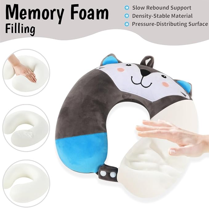 Sexysamba Travel Pillow for Kids Adults with Sleep Eye Mask Cute Cartoon U Shaped Memory Foam Neck Pillows for Travel Head Rest & Neck Support for Airplane, Car, Office Sleeping, Grey Wolf