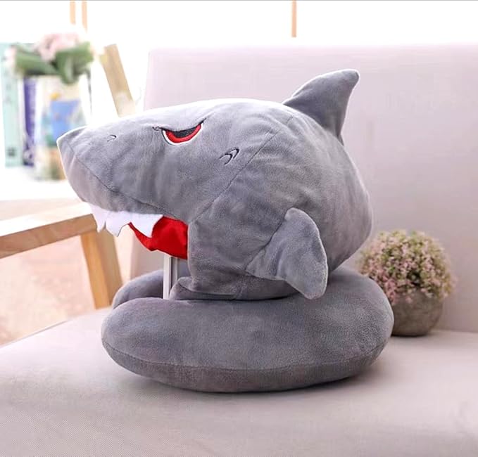 Cartoon Shark Animal Neck Pillow with Hood, U Shaped Soft Travel Airplane Neck Pillows, Office Neck Pillow, Anime Neck Pillows, Portable & Washable for Flights