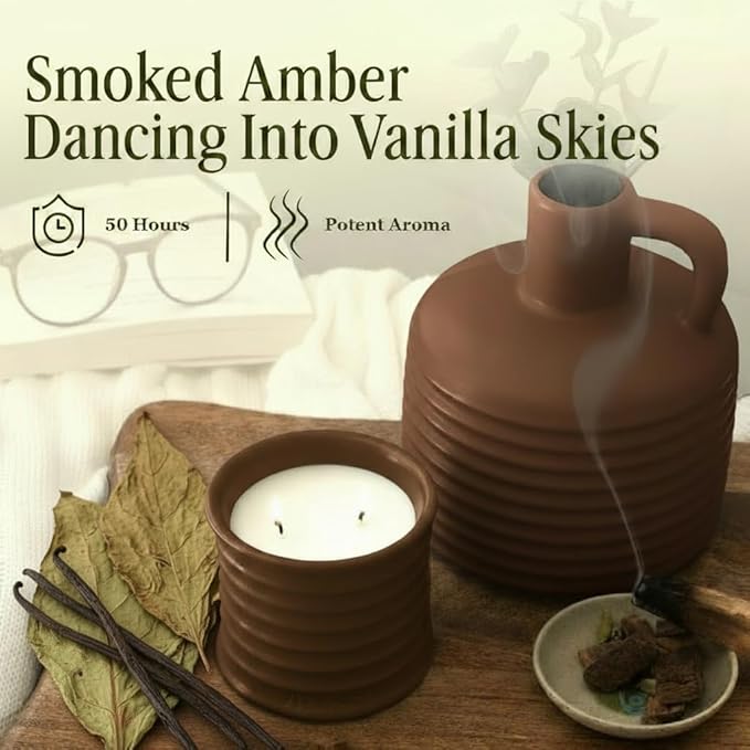 Scented Luxury Candles in Handmade Ceramic Jars, Soy Wax | Vanilla - Tobacco - Amber, Large Candle | Non Toxic, 2 Wicks, Reusable Big Brown Jar | Natural Spring Aromatherapy Gift for Women & Men