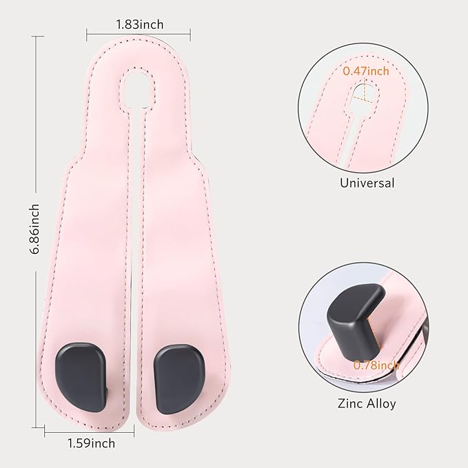 CoBak Purse Hook for Car - Universal Premium Stitched Leather and Aluminum-Magnesium Alloy Double Car Seat Back Storage Hook for Purses, Handbags, Bags (2 Pack),Pink