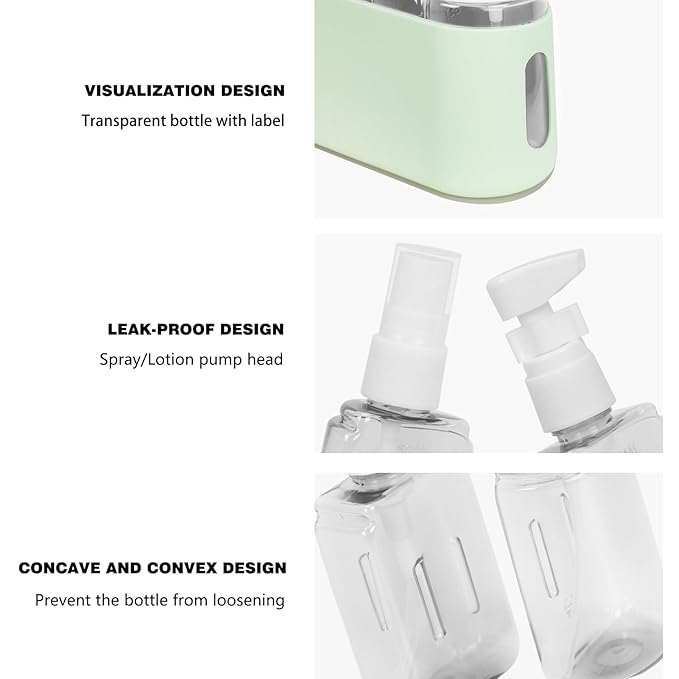 Songaa Travel Bottles for Toiletries - 2 In 1 Travel Size Bottles Travel Shampoo and Conditioner Containers for Toiletries, Refillable Travel Toiletry Bottles with Lid, Travel Accessories - Green