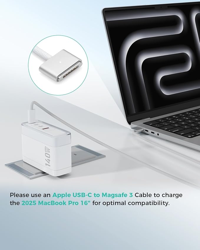 SparkleCore 140W MAX USB C Charger,4-Port Fast Charging Block PD3.1 GaN Travel Essentials Laptop Charger for Apple MacBook Air/Pro,iPhone 17/16,iPad Pro,Samsung,Pixel,DJI,6.6ft USB C Cable