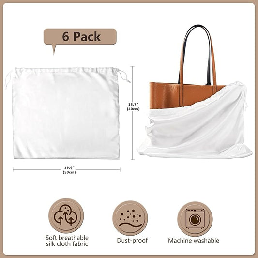 6 Pack 19.6x15.7in Purse Dust Bags for Storage, Dust Bags for Handbags Storage Silk Cloth Bags With Drawstring for Storage Handbag, Purse, Shoes, Boots(White)