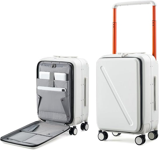 MILADA Wide Handle Carry On Luggage with Front Pocket Hardshell 20 Inch Front Opening Luggage with Spinner Wheels TSA Lock Aluminium Suitcase Airline Approved Carry-On Travel Luggage, White