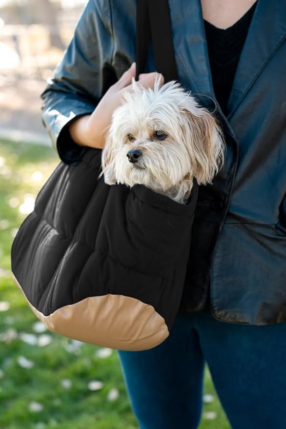 NoblePup Plush Dog Purse Carrier for Small Dogs, Soft Dog Tote Bag with Safety Harness Clip, Cozy Pet Carrier for Dogs Under 15 lbs, Comfortable Dog Shoulder Carrier for Travel, Black