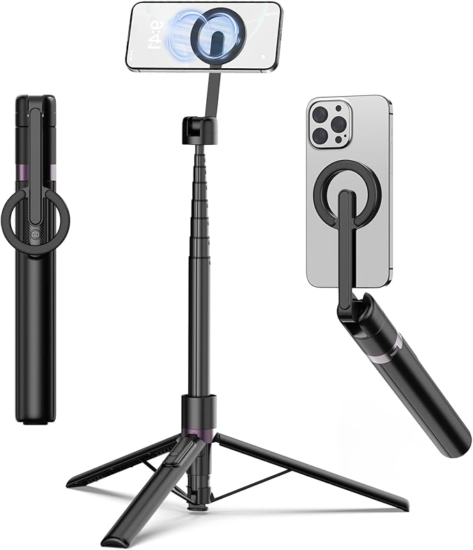 TONEOF 68" Magnetic Selfie Stick Tripod with Aluminum Strong Magnetic Holder for Magsafe, 360° Rotatable Travel Phone Tripod Stand with Metal Ring & Rechargeable Remote for iPhone/Android（Black）