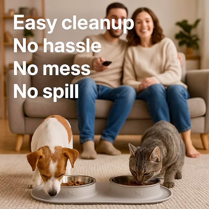 Dual Stainless Steel Pet Bowls with Non-Slip Silicone Mat – Spill-Proof Food and Water Feeder for Dogs & Cats, Easy to Clean, BPA-Free, Durable and Lightweight