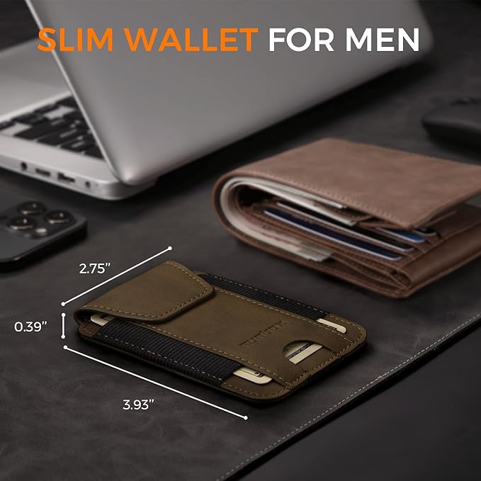 RUNBOX Slim Wallet for Men Front Pocket wallet with Cash Strap Minimalist Leather RFID Blocking wallet