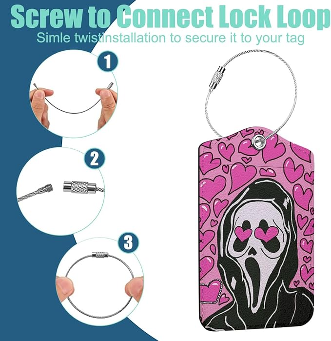 2 Pcs Funny Horror Movie Luggage tag, Pink Suitcase Tags with Privacy Flap and Metal Loop, Ghost Spooky Movie Fans Luggage Tags for Suitcases, Identifiers Travel Essentials Bag Tags for Luggage