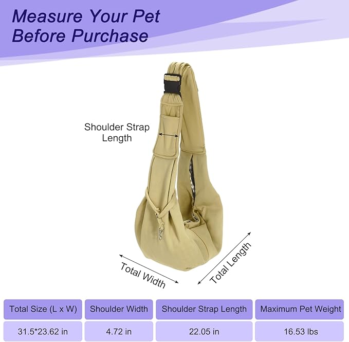 PETAXCELL Dog and Cat Sling Carrier Up to 16.5 Lbs, Hand-Free Reversible Pet Sling Carrier with Adjustable Strap and Pocket, (Khaki, 1 Pcs) Intended for Hiking/Camping/Traveling
