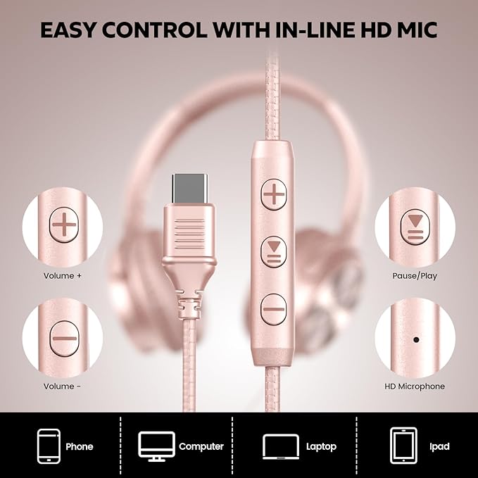 USB C Headphones Wired, Over Ear USB C Wired Headphones with Microphone, Volume Control, HD Stereo Sound, Foldable USB Type C Headphone for Adult/Teens/Laptop/Computer/iPhone 15/16 Series,Rose