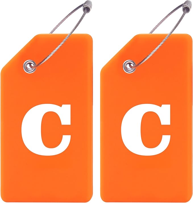 Gostwo 2 Pack Silicone Luggage Tags for Suitcases, 26 Initial Letter Baggage Labels Handbag School Bag Suitcase Instrument Tag with Stainless Steel Loop(Orange)(Letter C)