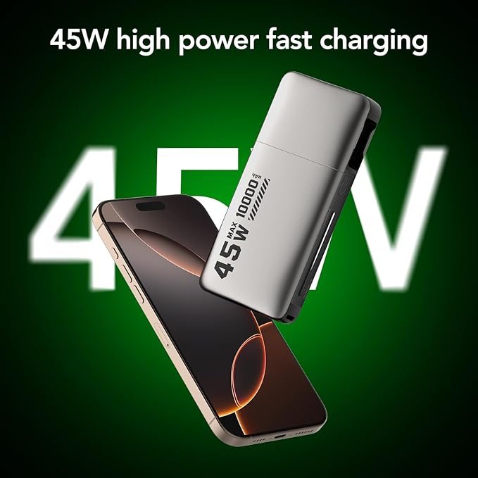 MFish 10000mAh Portable Charger, 45W PD Fast Charging Power Bank with Retractable Built-in USB-C Cable, Flight-Safe Travel Battery Pack for iPhone 17/16 Pro Max, Samsung S25 S24, iPad, Google etc