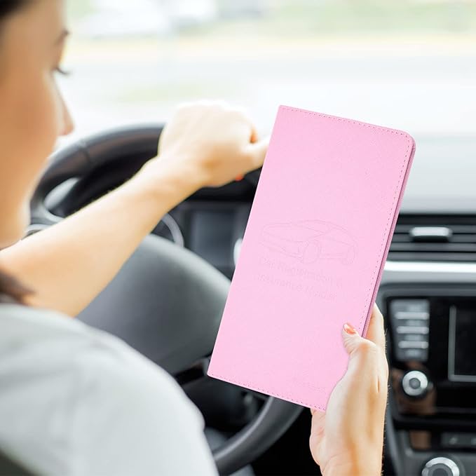 Car Insurance and Registration Holder, 9.5 x 5 Inch PU Leather Vehicle Glove Box Organizer Wallet Case for Insurance Card, Driver License, Paperwork - Pink