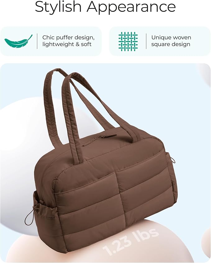 BAGSMART Gym Bag for Women, Lightweight Puffer Duffle Bag 2-PC Travel Bag, 31L Weekender Overnight Bag Quilted Carry On Tote Bag, Diaper Hospital Dance bag for Travel, Gym, Water Resistant