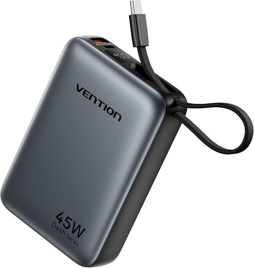 VENTION 45W Power Bank, CCC Certified 20000mAh with Built-in USB-C Cable, Fast Charging Travel Portable Charger with LED Digital Display for iPhone 17/16/15 Xiaomi Galaxy S26/S25 iPad Laptop(Gray)