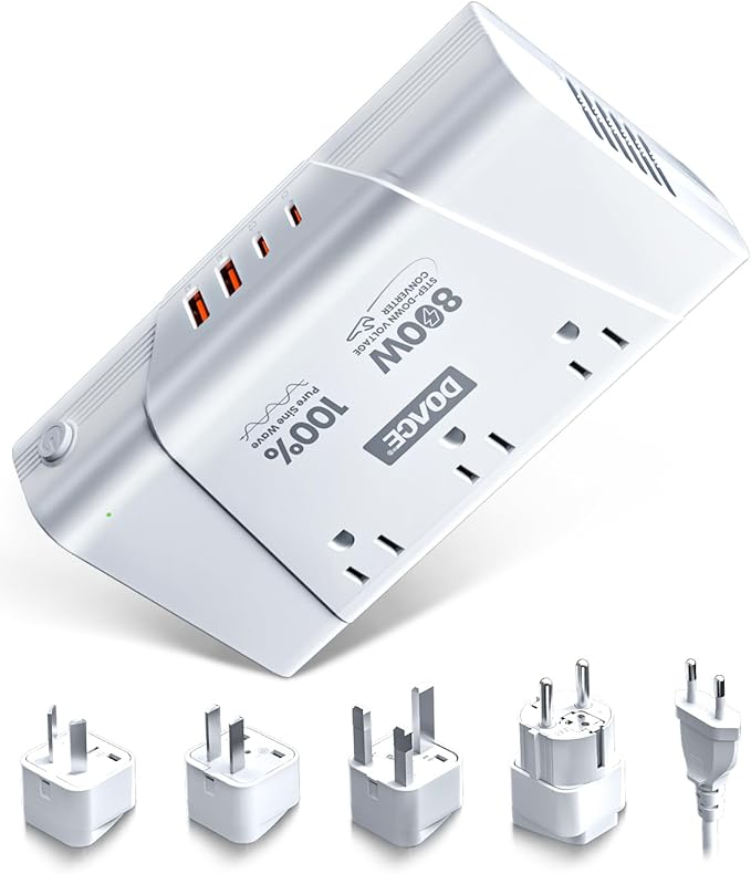 DOACE 220V to 110V Converter, 800W Voltage Converter US to Europe for Hair Straightener/Curler/Phone, Power Converter with 2 USB C & 2 USB A Ports, European Travel Plug Adapter UK, US, AU, EU, White