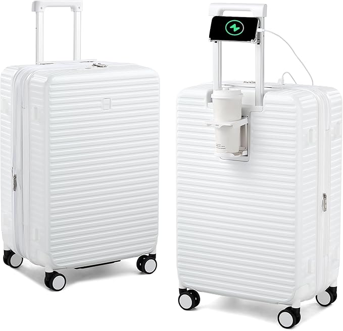 Hard Shell Suitcases Travel Expandable Luggage, 24 Inch Check in Luggage with Spinner Wheels Cup Holder Charger Built in, Checked Medium Suitcase Lightweight Suitcases, White