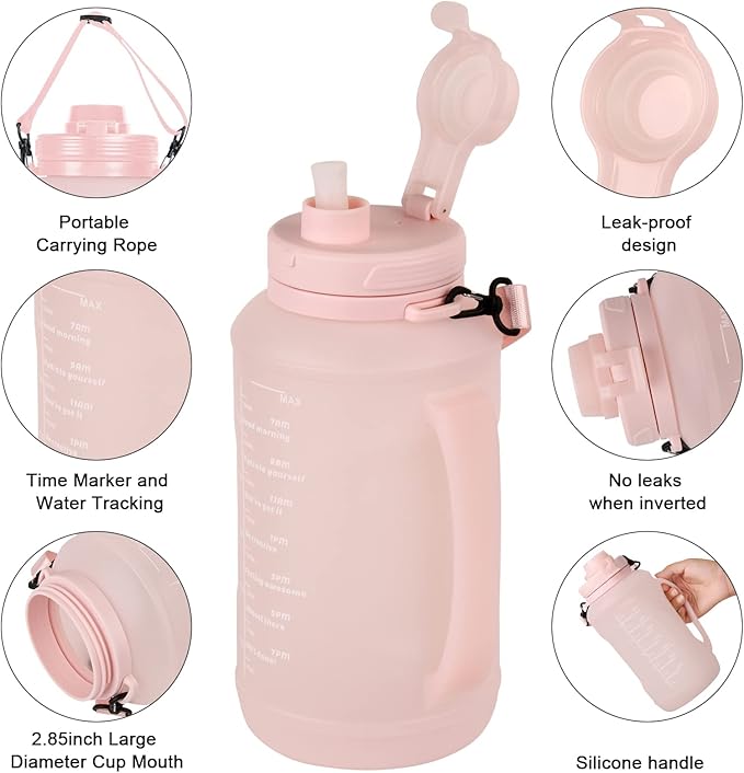 Collapsible Water Bottles, 2L/64OZ travel water bottle Bottle with Straw, Half Gallon Large Water Bottle for Travel Outdoor Sports Runing Fitness Yoga (Upgraded pink)
