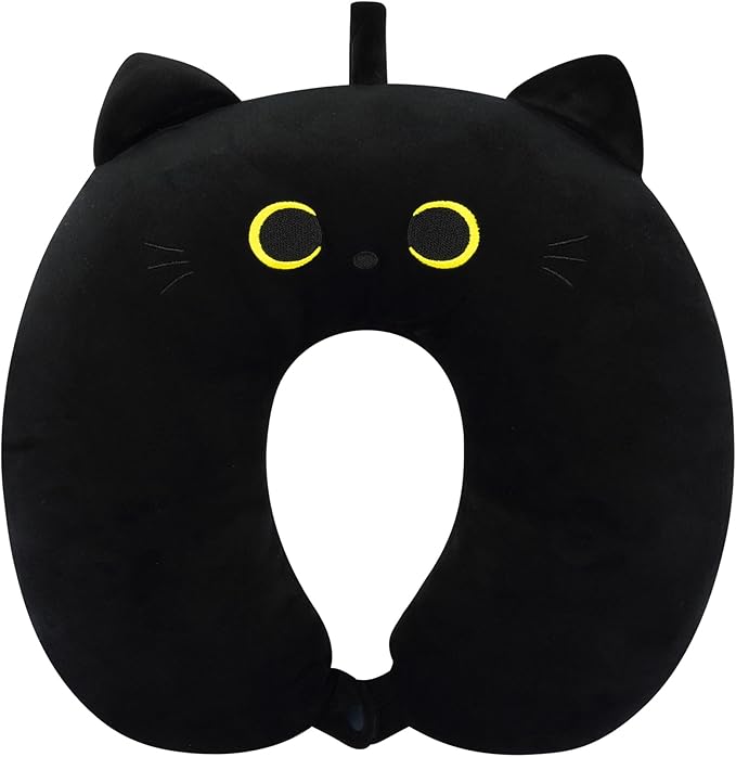 Travel Neck Pillow for Kids Adult, Cute Black Cat Kids Travel Pillow, Cartoon Neck Pillow for Traveling, Soft U Shaped Travel Pillow for Airplane, Car, Recline, Sleeping