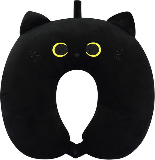 Travel Neck Pillow for Kids Adult, Cute Black Cat Kids Travel Pillow, Cartoon Neck Pillow for Traveling, Soft U Shaped Travel Pillow for Airplane, Car, Recline, Sleeping