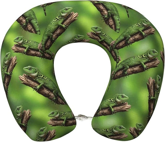 Comfortable Memory Foam Travel Neck Pillow, Funny Chin/Head Cushion Supporting Airplane Car Pillows Green Tree Bearded Dragon Lizards for Sleeping Outdoors Travel Office