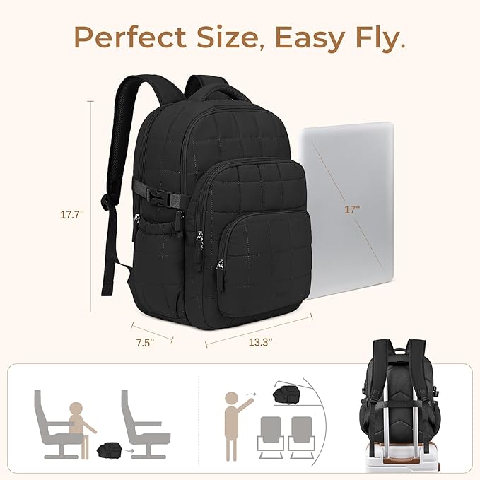CLUCI 17.3 Inch Laptop Backpack for Women, Anti Theft Travel Backpack, Puffer Quilted Work Backpack, Water Resistant College Bookbag, Carry on backpack with RFID (Black)