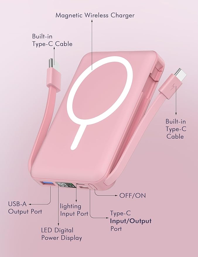 podoru for Magsafe Battery Pack, 10000mAh Magnetic Power Bank Built-in Double USB C Cables 22.5W PD Fast Charging LED Display Wireless Portable Charger for iPhone 17/16/15/14/13/12 Series-Pink