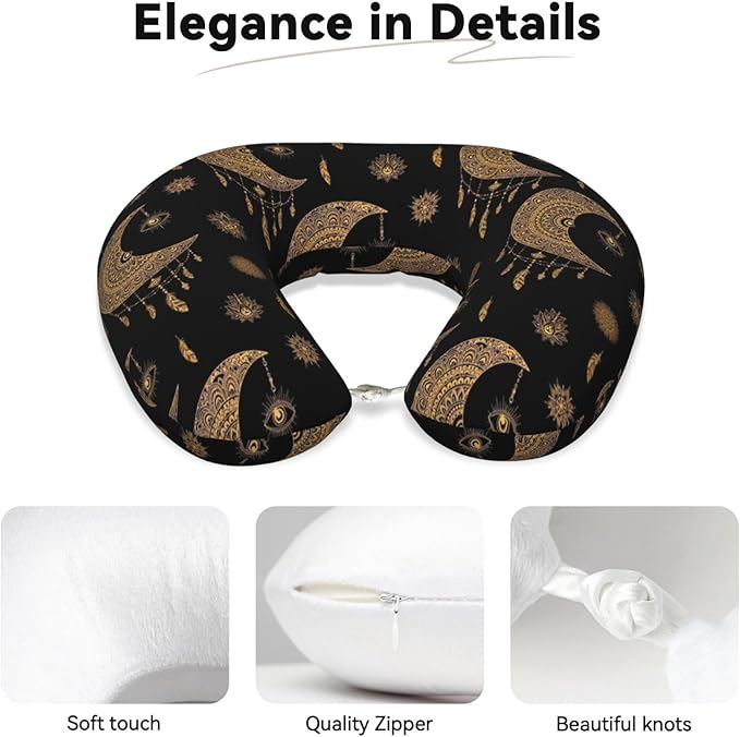 Comfortable Memory Foam Neck Pillow Mandala Boho Crescent Moon Sun Dream Catcher, Travel U Shaped Airplane/Car/Flight Pillows with Removable Zipper Cover, Chin Head Neck Support Cushion