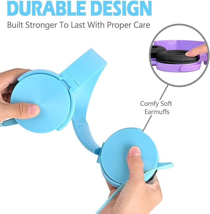 2 Pack Kids Headphones for School Classroom, Wired Computer Online Learning Headset for K-12 Students, Durable Soft Swivel On Ear Pads Earphones for Laptop PC Meetings Calls (Light blue+Purple)