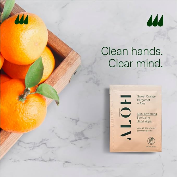 ALŌH Skin - Softening Sanitizing Hand Wipes – Sweet Orange Bergamot - 4 Boxes of 20 Individually Wrapped Wipes (80 wipes)