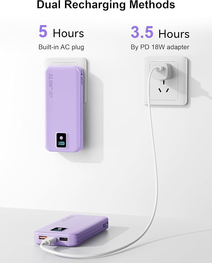 Portable Charger, 12000mAh 22.5W Fast Charging Power Bank with Built-in Cables & Wall Plug, Travel Essential Battery Pack with LED Display, USB C Battery Phone Charger for iPhone, iPad, Samsung Purple