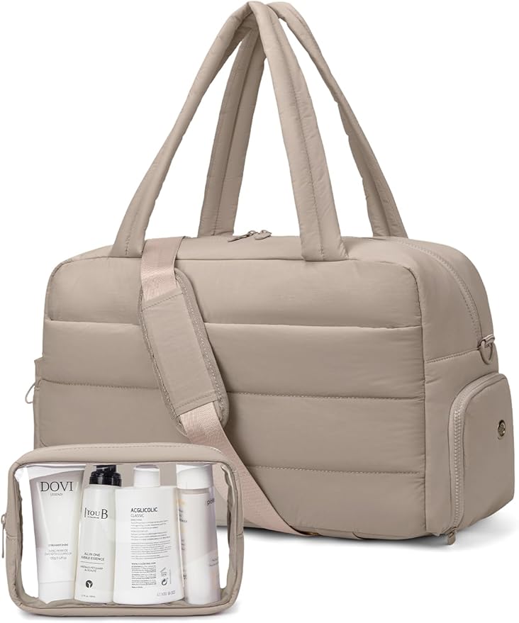 Gitus Carry On Duffle Gym Bag for Women Puffer Weekender Overnight Duffel Bag for Travel with Clear Toiletry Pouch Sport Yoga Fitness Essentials Gifts (Camel)