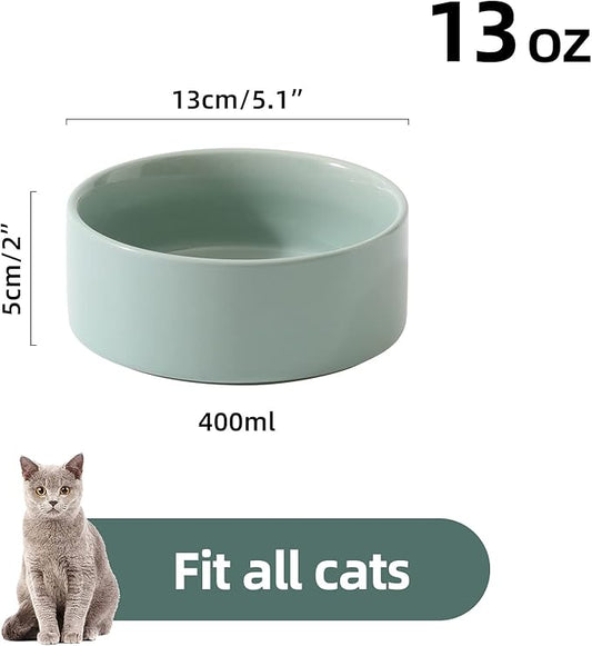 Ceramic 5.1inch Set of 2 Dog and Cat Bowls, 2pcs Anti-Slip Food and Water Feeder Dishes for Puppies, Kitties, Cats(2 Bowls, Light Green)