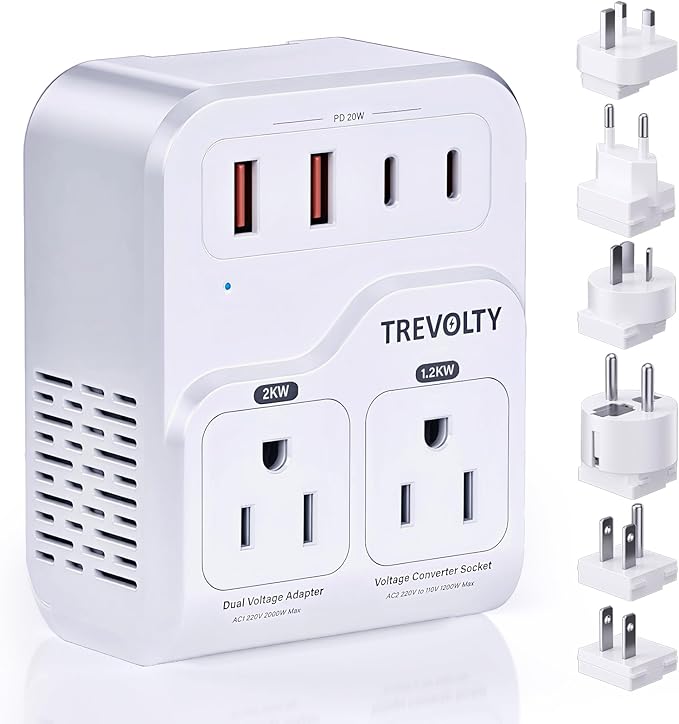2000W Voltage Converter US to Europe for Hair Dryers, 7-in-1 220V to 110V Converter for European Travel with 3 AC/2 USBA/2 USBC Ports (PD20W), Universal Travel Adapter with Type A B C E/F G I Plugs