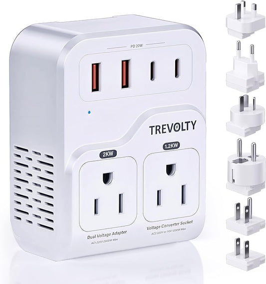 2000W Voltage Converter US to Europe for Hair Dryers, 7-in-1 220V to 110V Converter for European Travel with 3 AC/2 USBA/2 USBC Ports (PD20W), Universal Travel Adapter with Type A B C E/F G I Plugs
