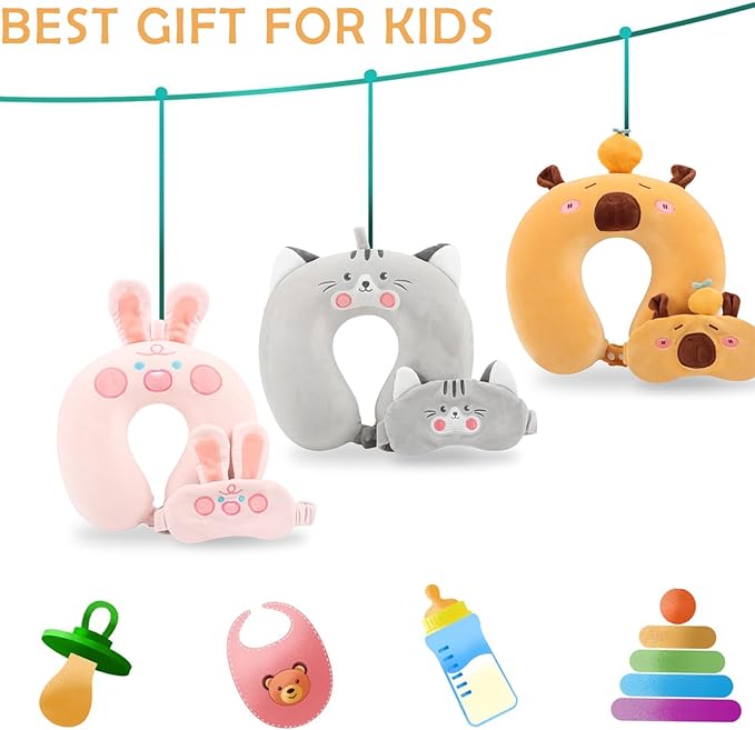 Travel Pillow, Kids Travel Pillow with Sleep Eye Mask Soft Memory Foam Kids Neck Pillow for Boys & Girls, Travel Accessories for Car Airplane Traveling - Screaming Rabbit