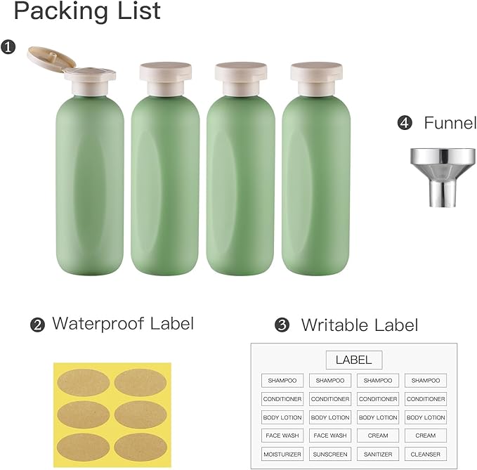 6.7oz Travel Shampoo Bottle, Empty Plastic Squeeze Bottles with Flip Cap, 4PCS Lotion Container for Toiletries (200ml, Green)