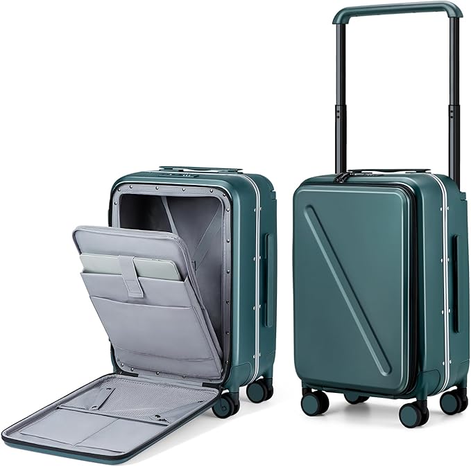 MILADA Wide Handle Carry On Luggage with Front Pocket Hardshell 20 Inch Front Opening Luggage with Spinner Wheels TSA Lock Aluminium Suitcase Airline Approved Carry-On Travel Luggage, Blackish Green