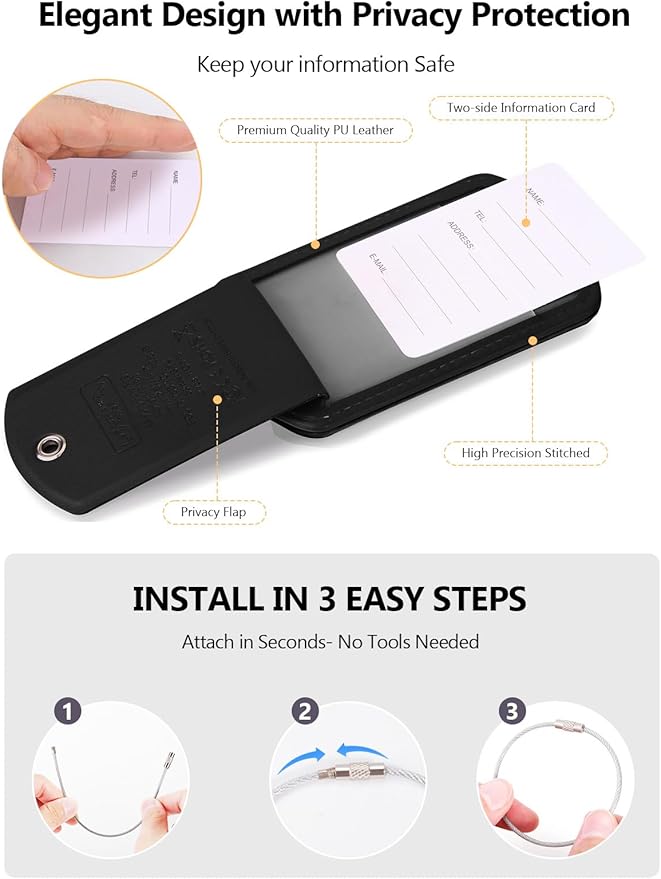 Luggage Tag with Tracker (iOS Only), Premium PU Leather Luggage Tags for Suitcase, Privacy Cover & ID Card Slot, Stainless Loop for Travel Bags, Backpack, Pet Carrier, Ideal Gadgets (Black)