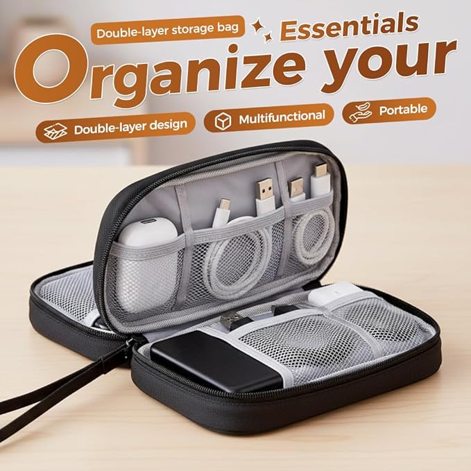 Qeuxv 2026 Travel Cable Organizer Pouch, Electronic Accessories Carry Case, Portable Waterproof Double Layers All-in-One Storage Bag for Cable, Charger, Mobile phone, Headphones (Navy Blue)