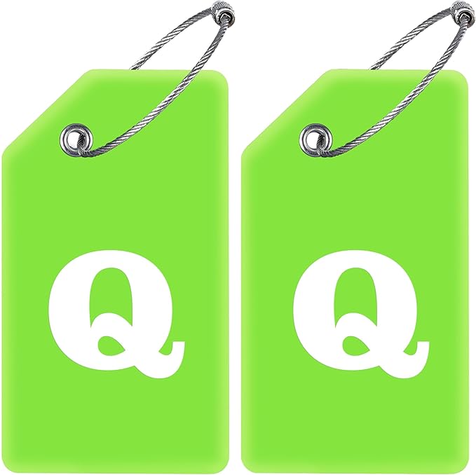 Gostwo 2 Pack Silicone Luggage Tags for Suitcases, 26 Initial Letter Baggage Labels Handbag School Bag Suitcase Instrument Tag with Stainless Steel Loop(Green)(Letter Q)