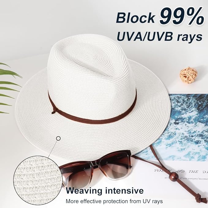 DRESHOW Women Straw Panama Hat Travel Fedora Beach Sun Hat Summer Wide Brim Straw Roll up Hat UPF 50+