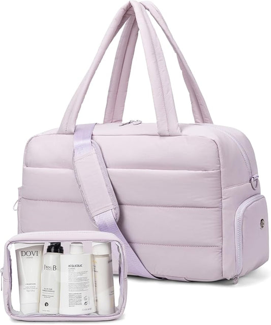 Gitus Carry On Duffle Gym Bag for Women Puffer Weekender Overnight Duffel Bag for Travel with Clear Toiletry Pouch Sport Yoga Fitness Essentials Gifts (Lavender)