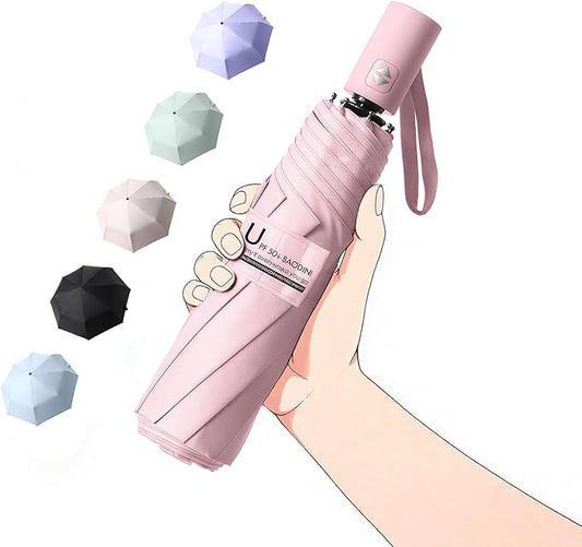 BAODINI Small UV Protection Travel Umbrella Compact for Rain and Sun UPF 50+ Windproof Portable 42 inch Umbrella for Women and Men
