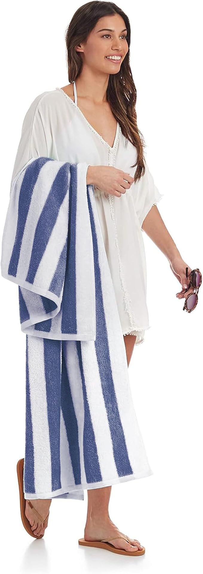 Amazon Basics 100% Cotton Terry Absorbent Cabana Stripe Pool & Beach Towels, Soft, Large, and Thick, 2-Pack, Navy Blue, 30 in x 60 in
