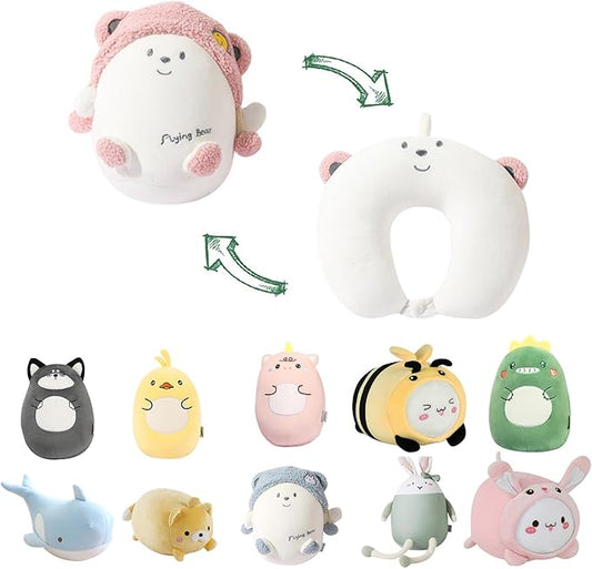 Kids Travel Pillow - 2-in-1 Deformable Kids Neck Pillow for Traveling, Soft U-Shaped Pillow with Adorable Animal Design, Comfy Sleep and Play, Ideal for Airplanes and Cars - Pink Bear