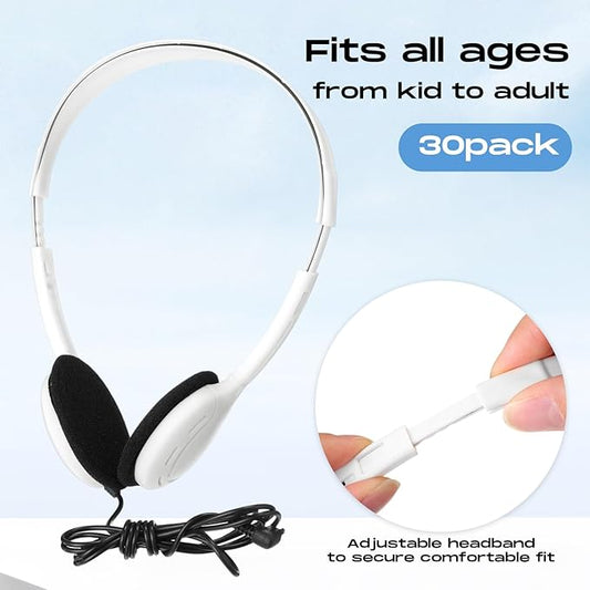 Yunsailing 30 Pack Bulk Over Ear Headphones Set On Ear Headsets Earphones with Adjustable Headband and 3.5mm Plug for Group Learning, Computer Lab, Library, Online Lesson (White)