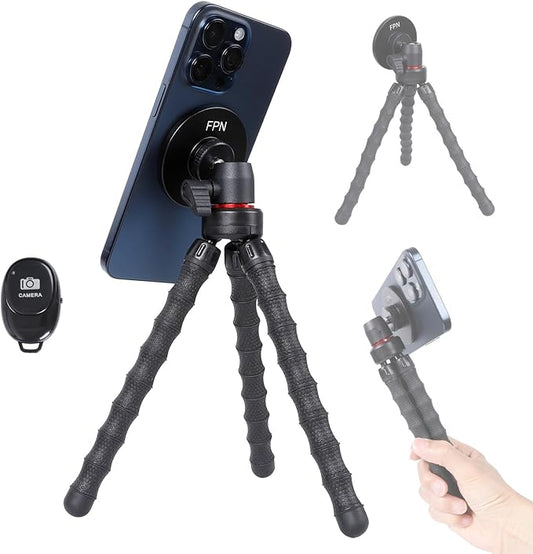 Flexible Mini Tripod for MagSafe, Portable Small Magnetic Phone Tripod with Wireless Remote for Video Recording/Vlogging/Selfie, Compatible with iPhone 17 16 15 14 Pro Max 13 12 Series